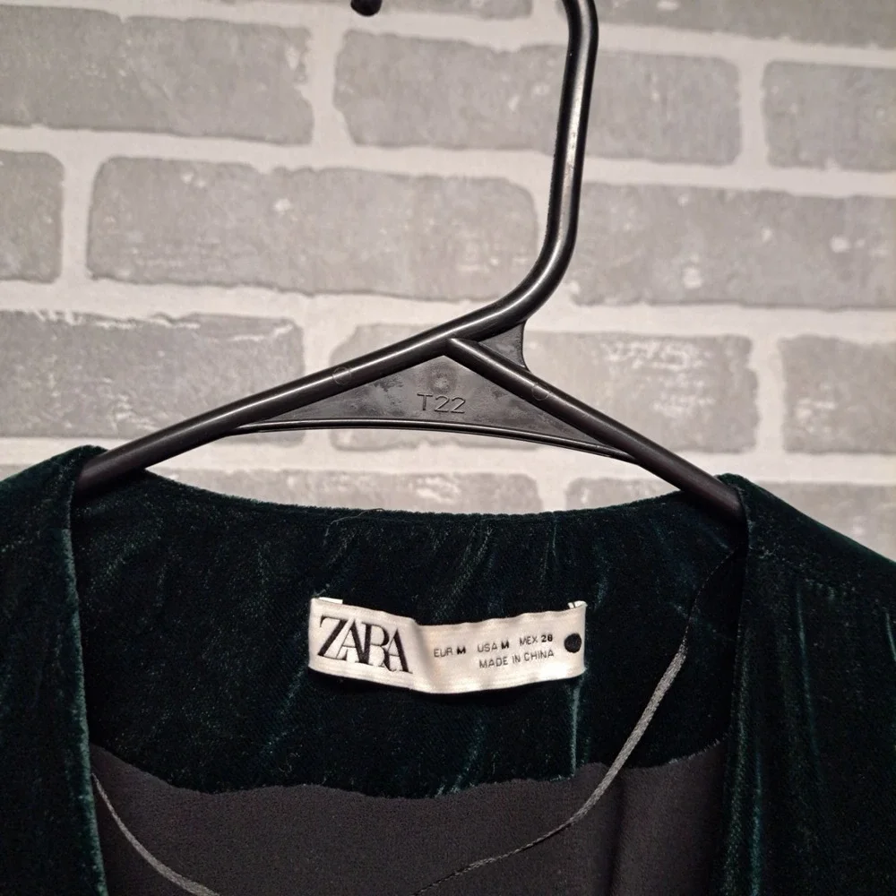 ZARA Blazer Jacket Women Medium Deep Green Velvet Double Breasted Pearl‎ Buttons